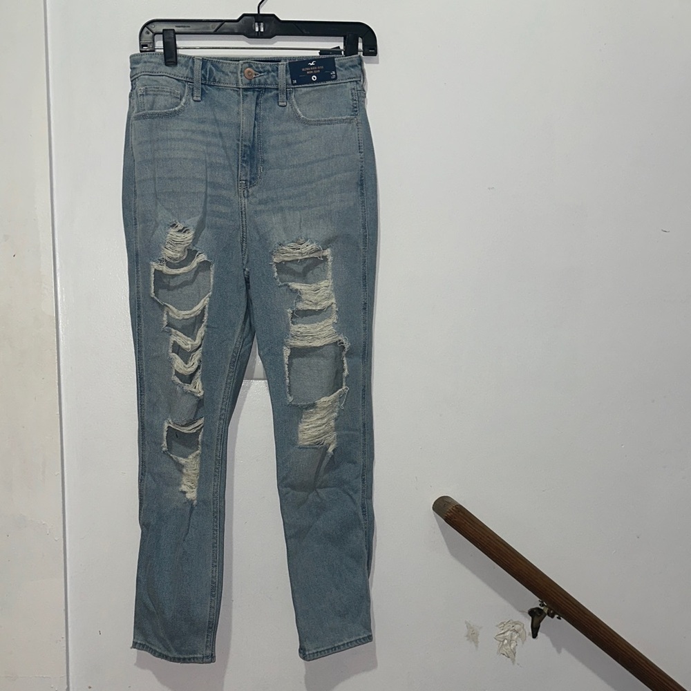 Hollister Ultra High Rise Light Blue Distressed Mom Jeans